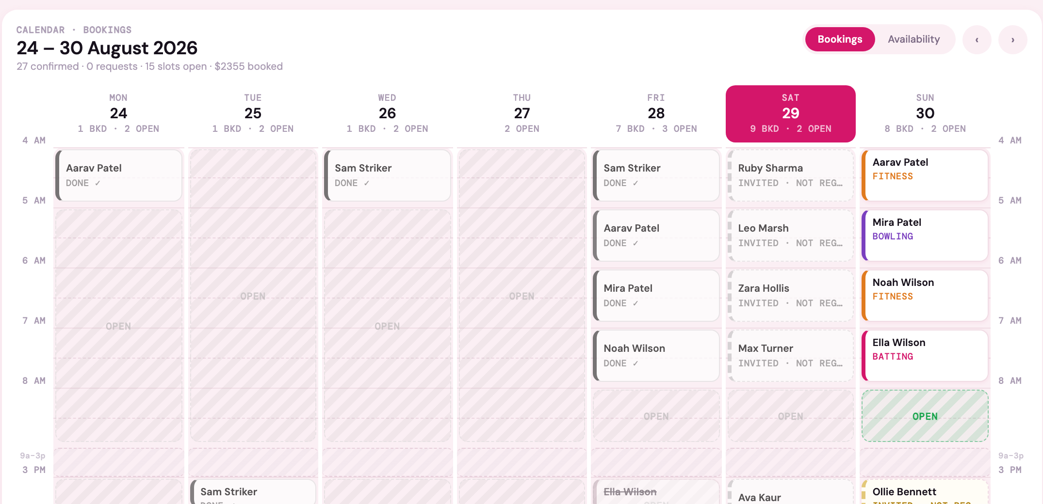 A coach's week in Cricket Caddy — sessions colour-coded by training focus, with open slots ready to book