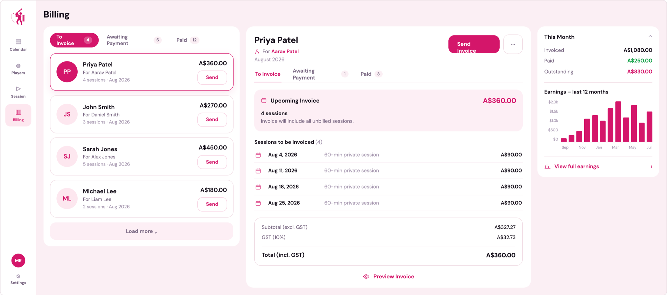 The Cricket Caddy billing screen — invoices building from delivered sessions, with 12 months of earnings