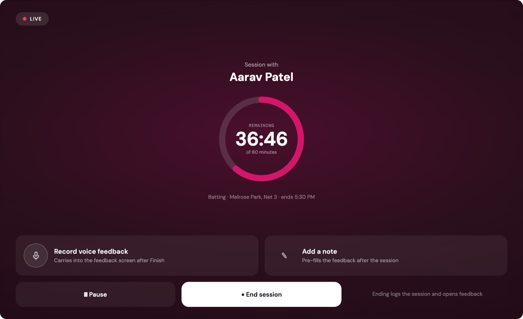 A live Cricket Caddy session — the countdown ring running full-screen